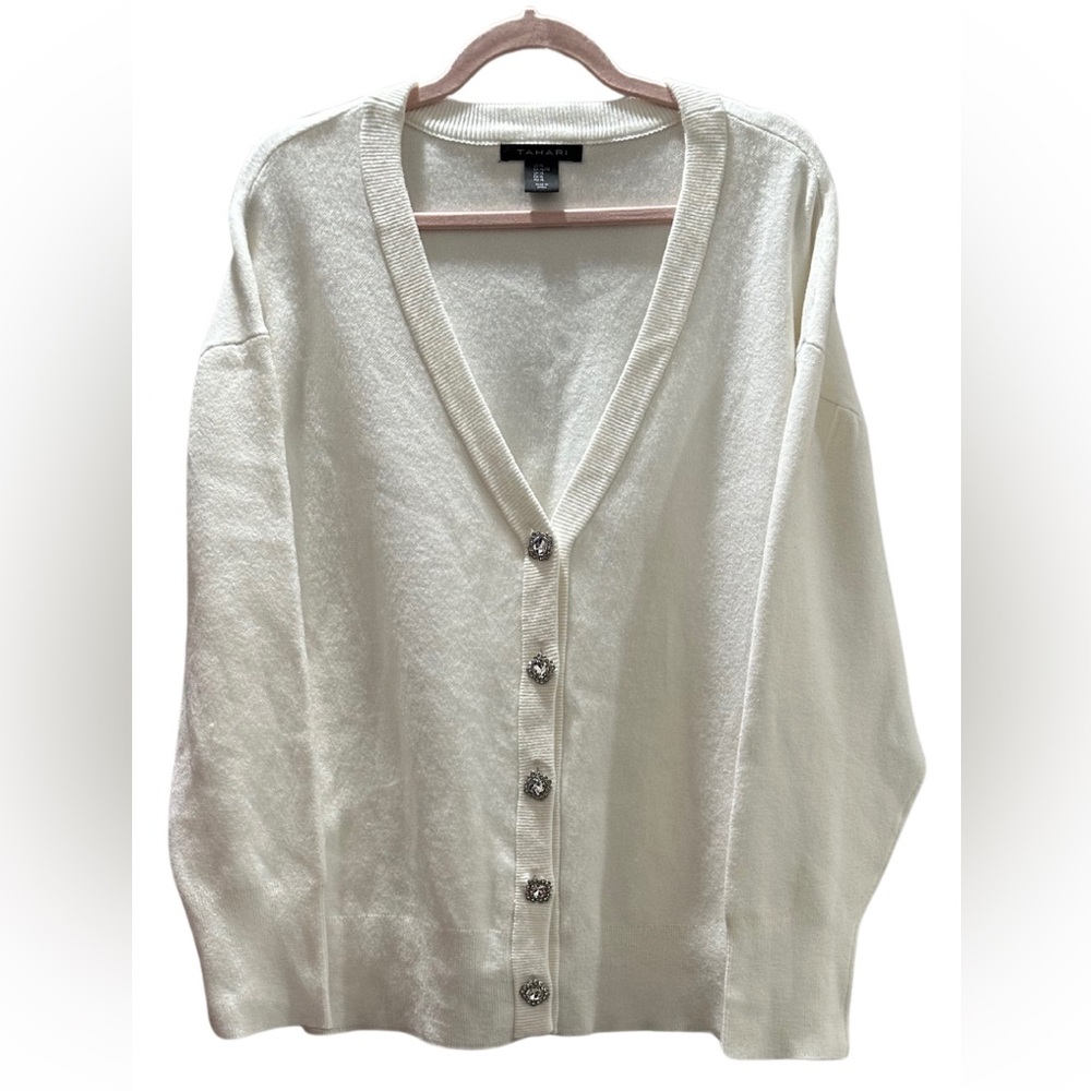 Tahari Rhinestone Button Cardigan Sweater, Ivory, Size XL